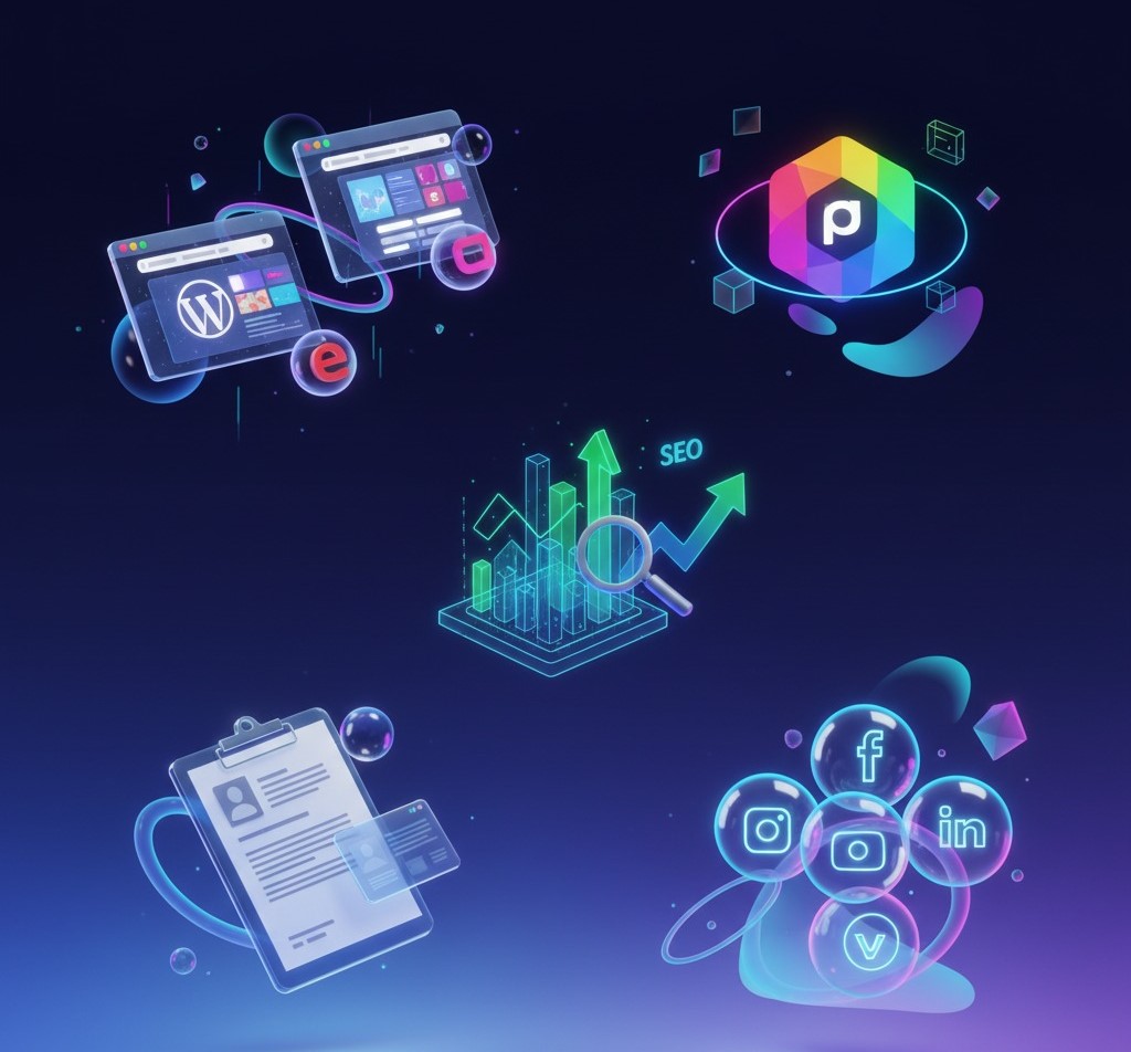 Modern digital marketing and SEO strategies illustrated with web development, social media icons, analytics, and branding elements for maximum online visibility.